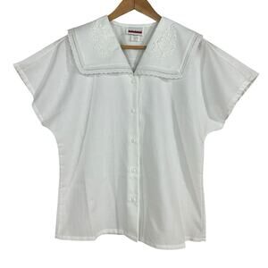 Vintage White Blouse Top Judy Bond Sailor Collar Button Down SZ 10 Short Sleeve